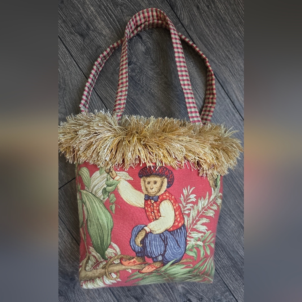 Vintage Folk Art Monkey Tapestry Tote Bag Fringe Trim Cottagecore Boho Statement